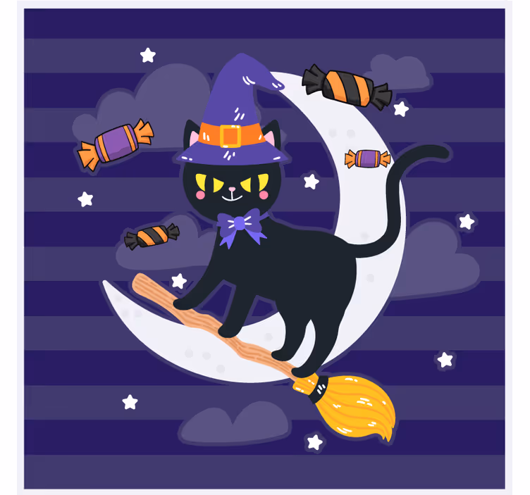 Søt katt på en kosteskaft som kaster godteri Halloween underlag - Tenstickers