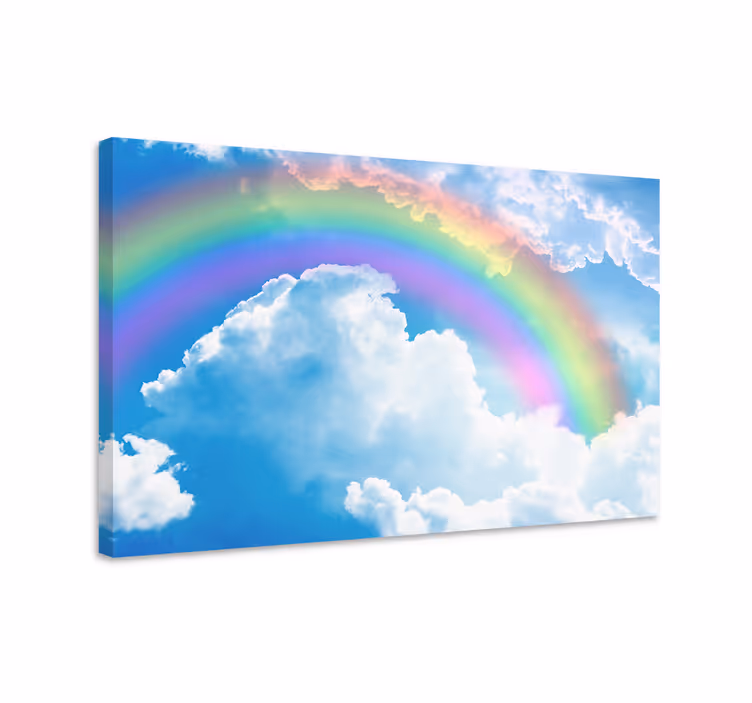 Blått lerretsbilde regnbue på blå himmel med skyer - Tenstickers