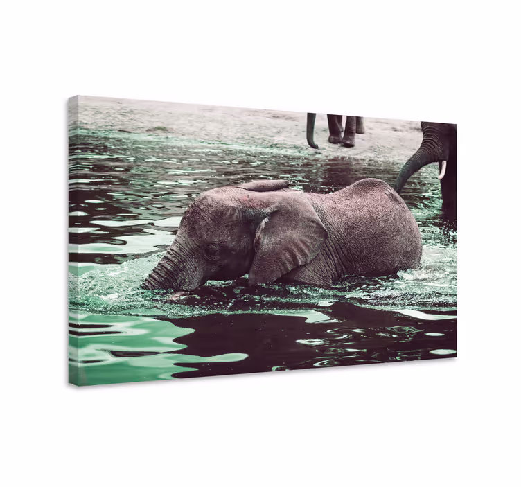 Elefant lerretsbilde med drikkende babyelefanter - Tenstickers
