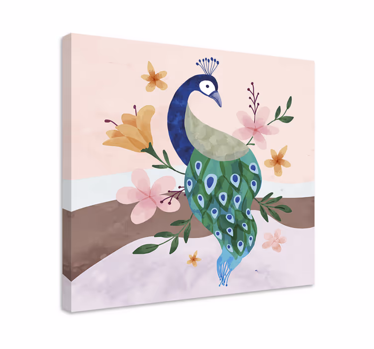 Påfugl med blomster fjær lerret veggkunst - Tenstickers