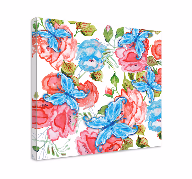 Blomst lerretsbilde med blomster og sommerfugler - Tenstickers