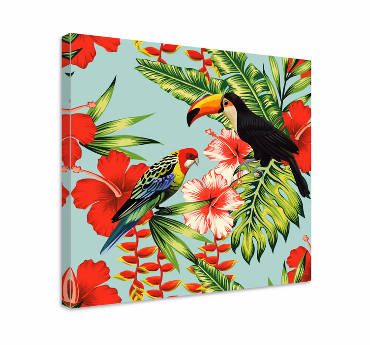 Tropiske røde blomster lerretsbilde fugler - Tenstickers