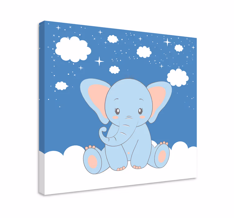 Søt baby tegneserie elefant blå barnehage lerret - Tenstickers