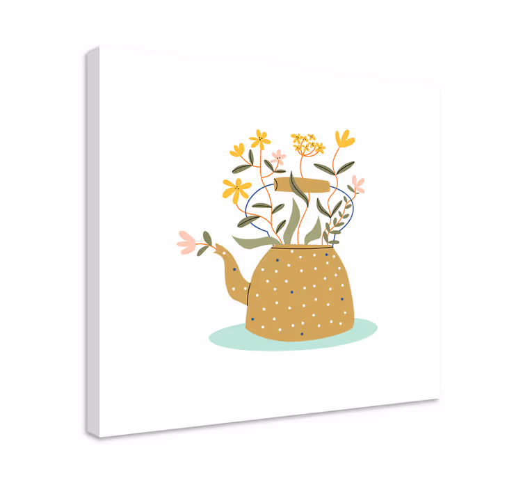 Blomst lerretsbilde med tekanne og blomster - Tenstickers