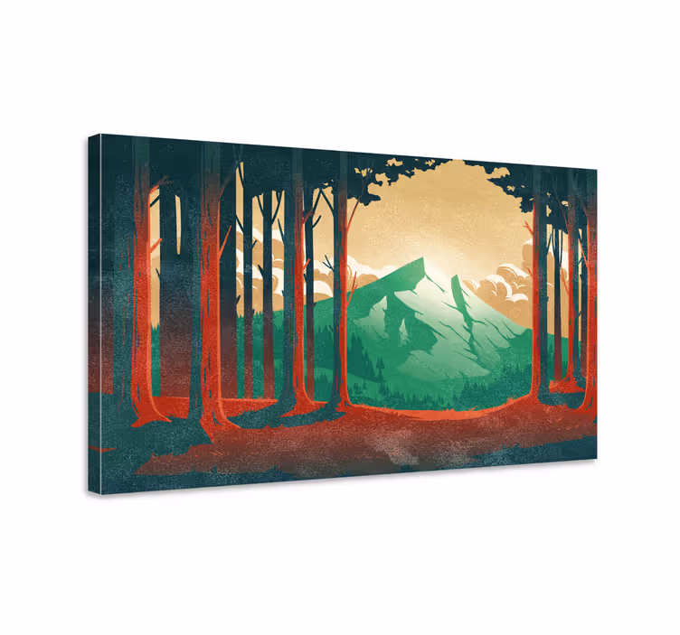 Tegneserie skog med fjell lerretsbilde landskap - Tenstickers