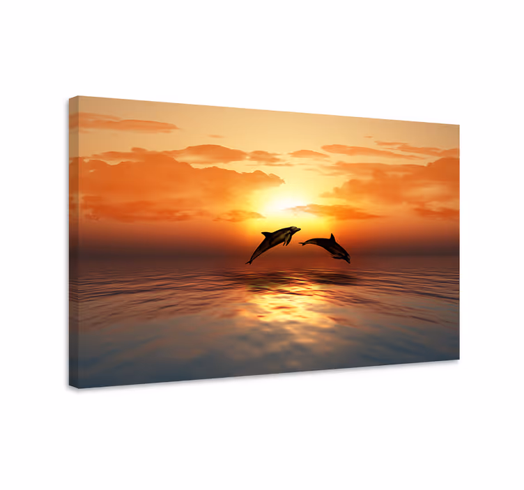 Lerretsbilde seilere delfiner ved solnedgang - Tenstickers