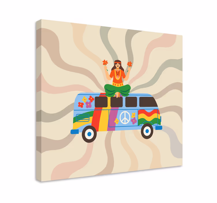 Colorfu hippie jente med en buss lerretsbilde vintage - Tenstickers