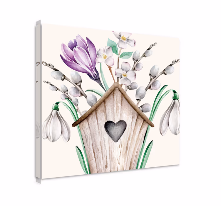 Blomst lerretsbilde med fuglehus blomsterarrangement - Tenstickers