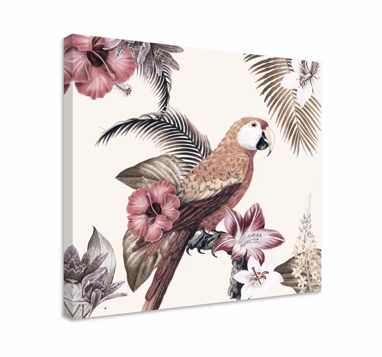 Fargerik papegøye med rosa blomster lerretsbilde vintage - Tenstickers