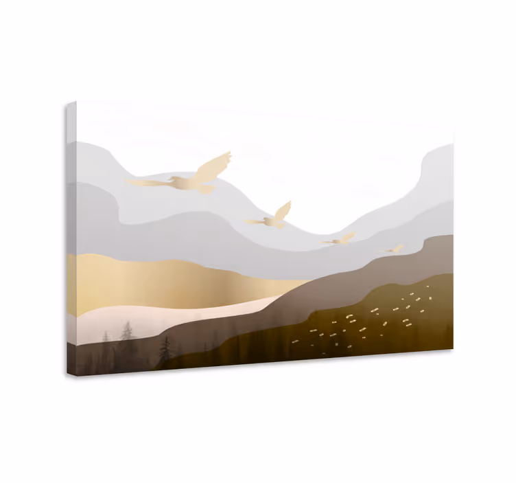 Geometriske fjell og fugler landskaps lerretsbilde - Tenstickers