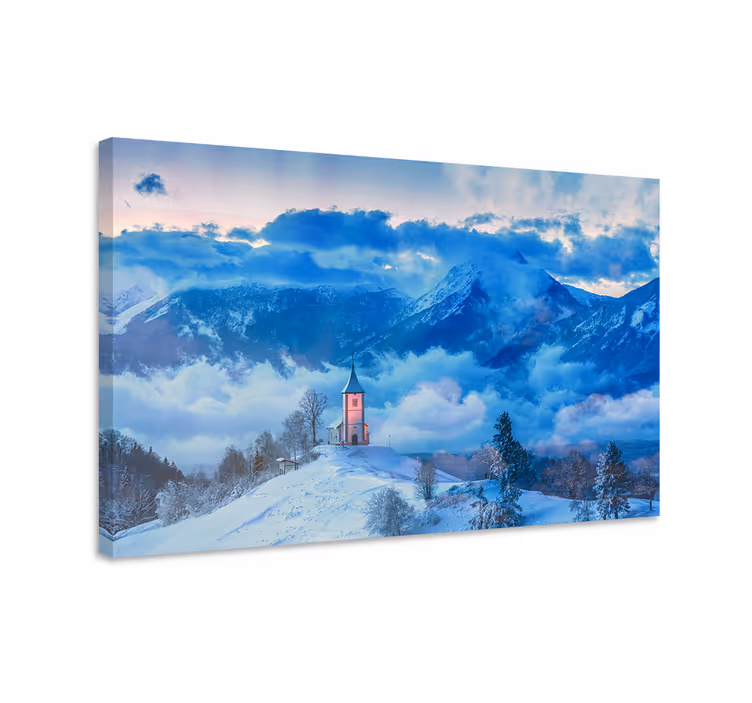 Landskaps lerretsbilde snødekt fjellkirke - Tenstickers