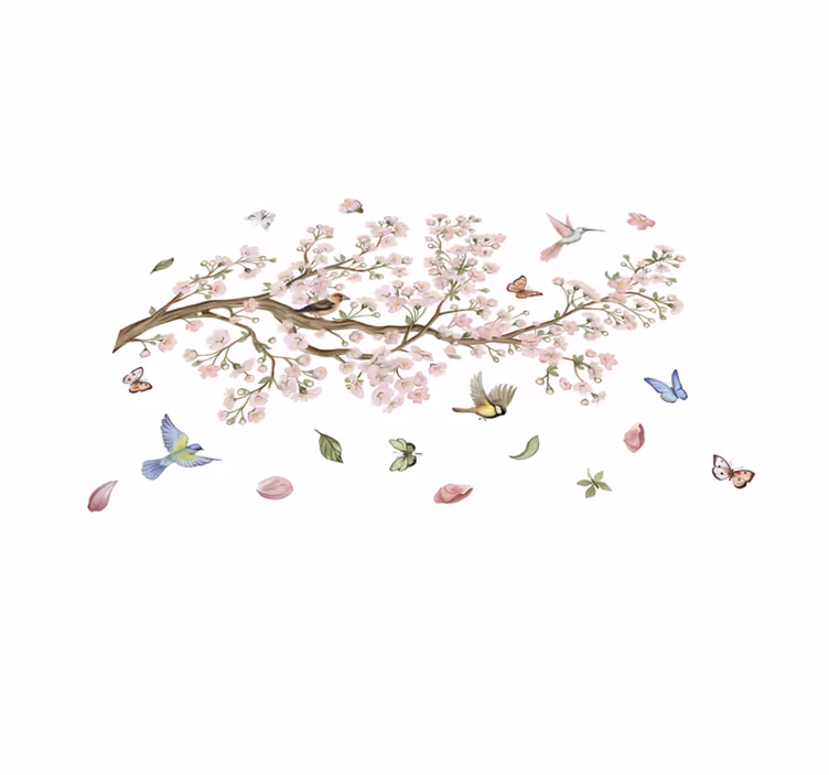 Kirsebærblomster med fugler vinyl teppe blomster og planter - Tenstickers