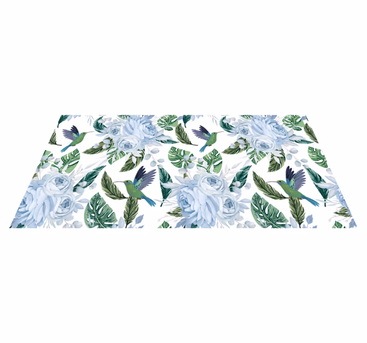 Blå hage med fugler vinyl teppe blomster og planter - Tenstickers