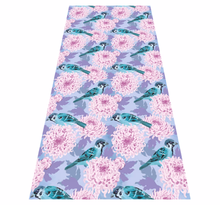 Vinyl teppe blomster og planter rosa hageblomster med fugler - Tenstickers