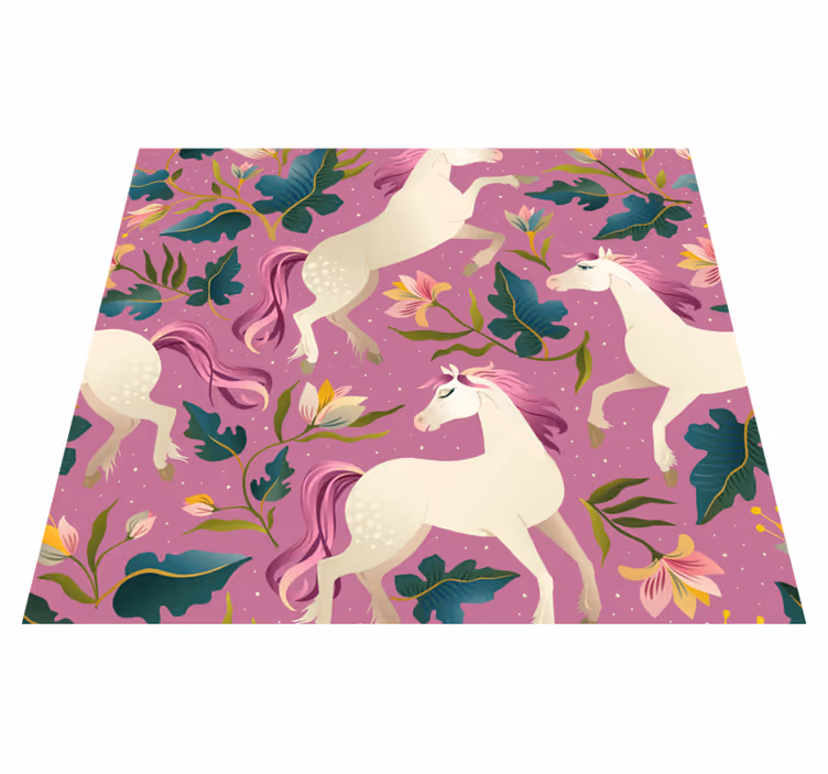 Vinyl teppe soverom rosa og blomstrete hestedesign - Tenstickers