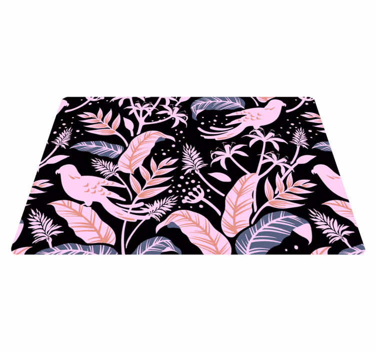 Vinyl teppe blomster og planter med svarte og rosa fugler - Tenstickers