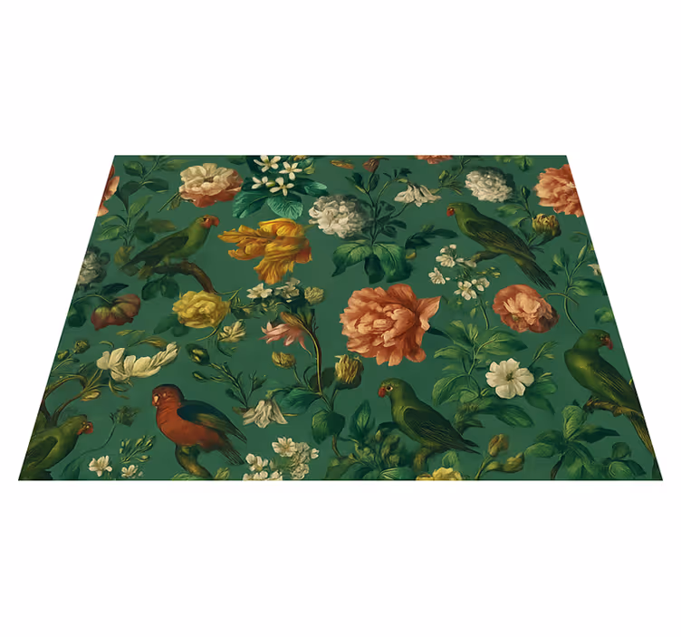 Mørkegrønne blomster og fugler vinyl teppe soverom - Tenstickers
