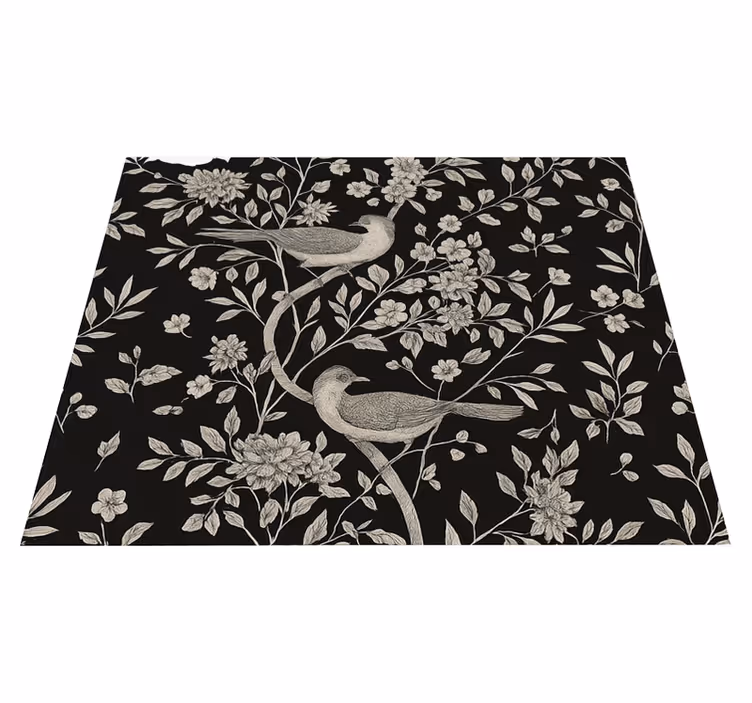 Grått tre med blomster og fugler vinyl teppe soverom - Tenstickers