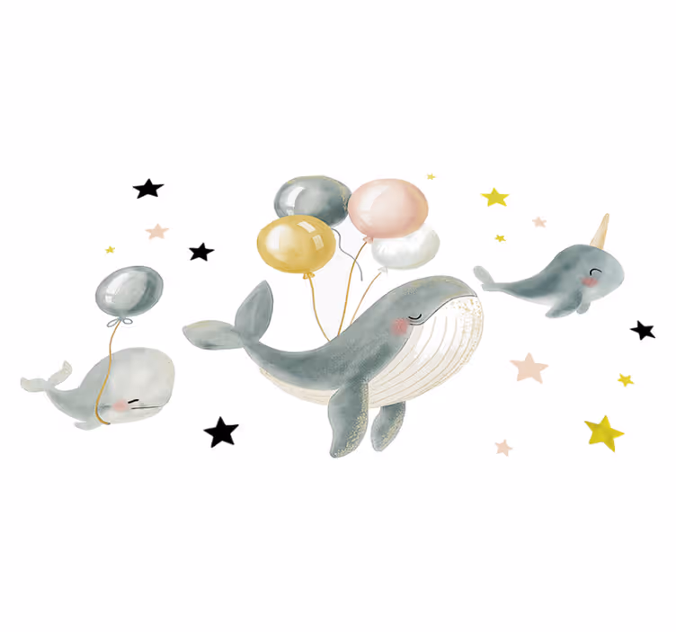 Gledefulle hvaler med ballonger vinyl teppe soverom - Tenstickers