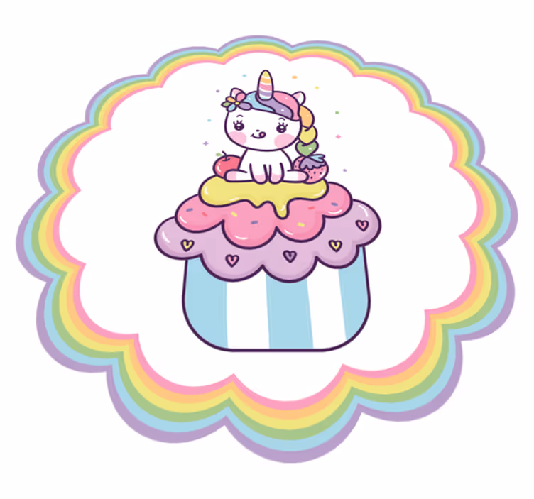 Enhjørning som sitter på et cupcake vinyl teppe - Tenstickers