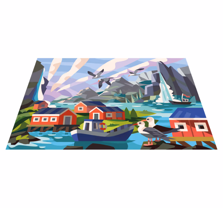 Norsk liten landsby med natur etnisk vinyl teppe - Tenstickers