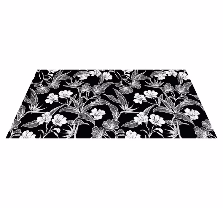 Svart og hvit eleganse vinyl teppe blomster og planter - Tenstickers
