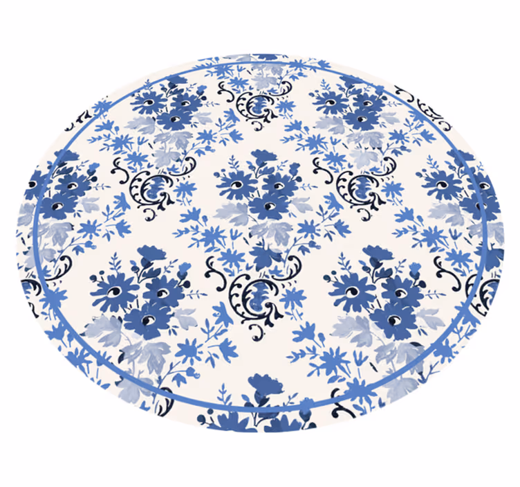 Blomstertrykk i blått vinyl teppe rund - Tenstickers