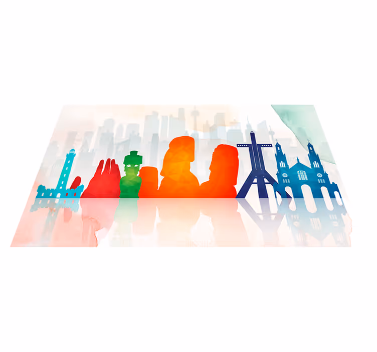 Fargerike silhuetter av skyline vinyl teppe kontor - Tenstickers