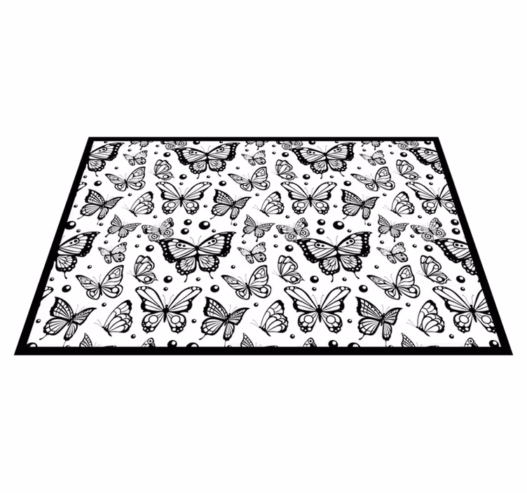 Svart sommerfuglmønster vinyl teppe blomster og planter - Tenstickers