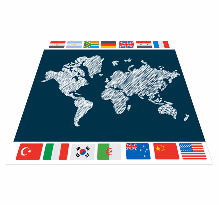 Blå bakgrunn med landflagg vinyl teppe verdenskart - Tenstickers