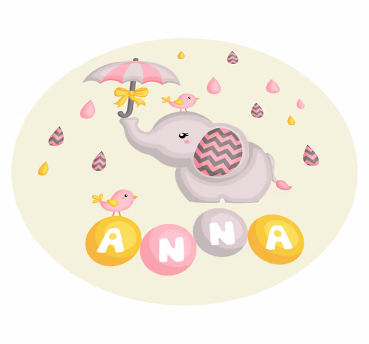 Barn elefant og fugl med paraply vinyl teppe med navn - Tenstickers