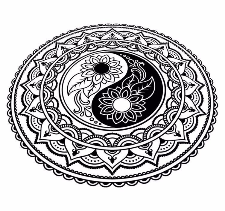Svart og hvitt ying og yang vinyl teppe mandala - Tenstickers