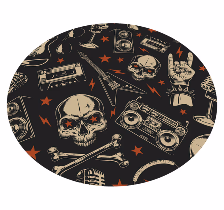 Grungemusikalsk mønster med hodeskaller vinyl teppe rund - Tenstickers