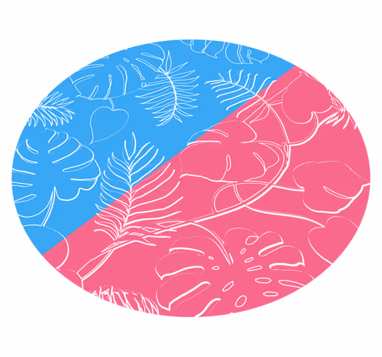 Rosa og blå farge blokker og blader vinyl teppe rund - Tenstickers