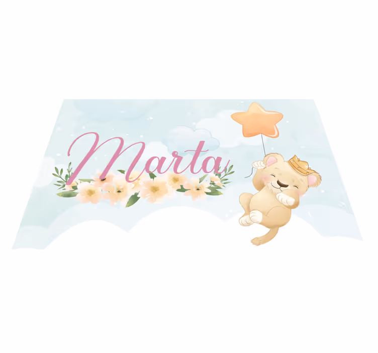 Løve med luftballong og navn vinyl teppe baby - Tenstickers