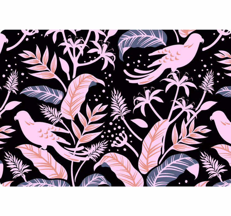 Tapet natur med svarte og rosa fugler på blader - Tenstickers