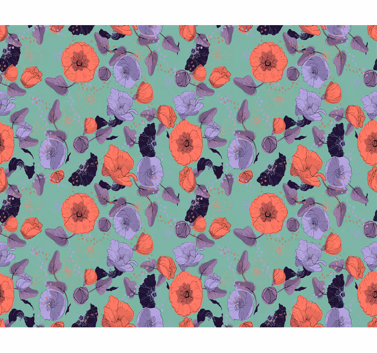 Tapet blomster blå og røde valmuer - Tenstickers