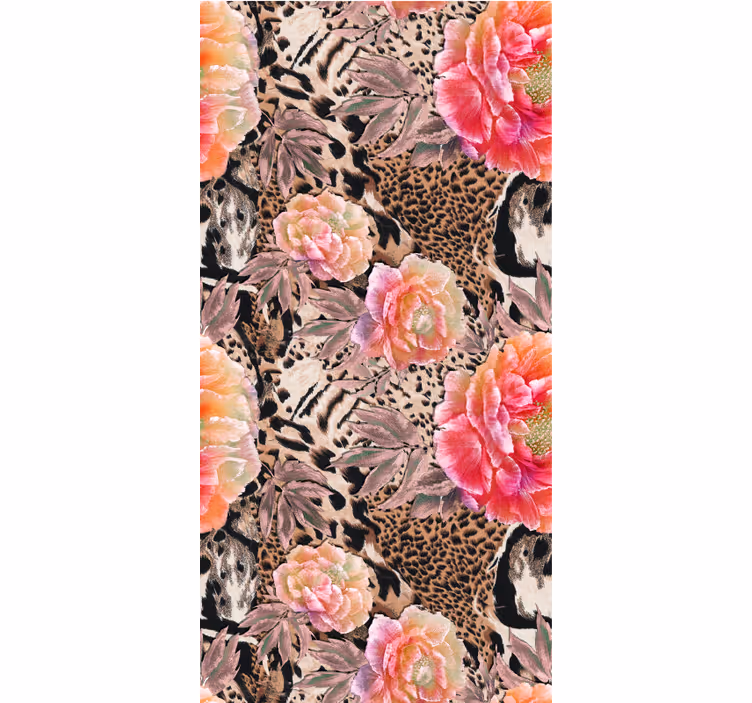 Tapet natur med blomster og leopardmønster - Tenstickers
