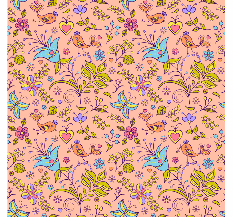 Tapet natur med blomstermønster og fugler - Tenstickers