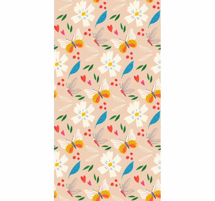 Tapet barn blomster og sommerfugler på beige bakgrunn - Tenstickers