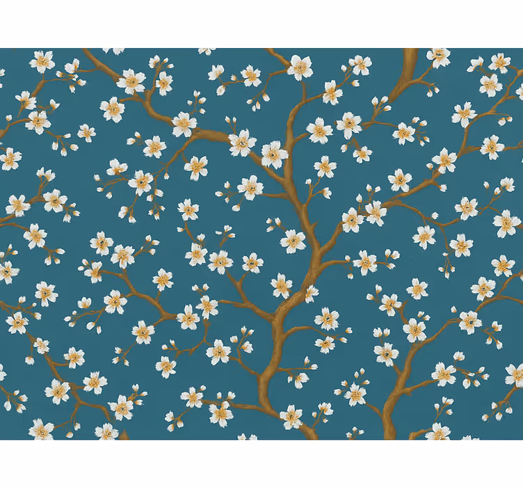 Tapet blomster gyllen blomstring teal - Tenstickers