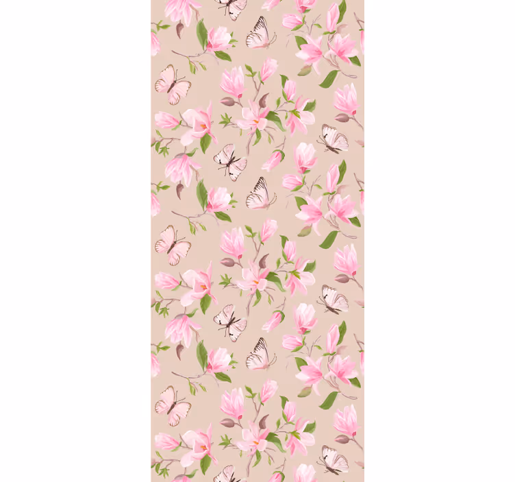 Tapet blomste rosa magnolia og sommerfugldesign - Tenstickers
