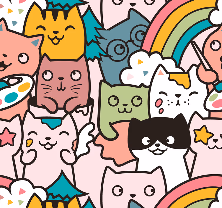 Tapet soverom kattedoodle pastellfarger mønster - Tenstickers