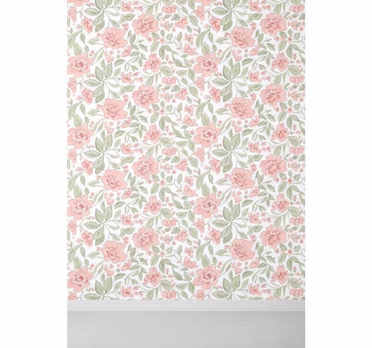 Tapet grønne blader blomster lys rosa og krem - Tenstickers