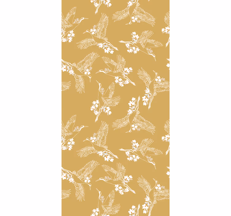 Tapet beige med japanske blomster og fugler - Tenstickers