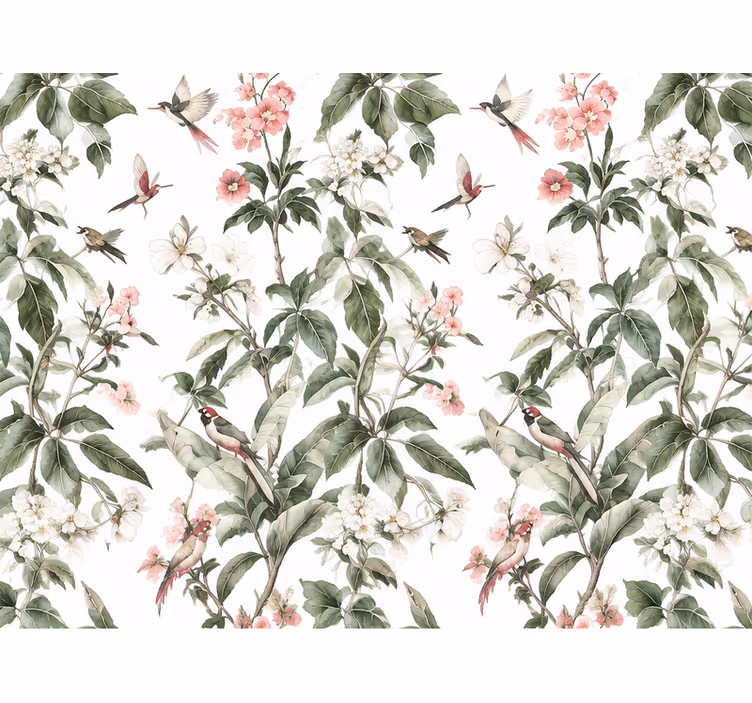 Tapet grønne blader hvite rosa blomster - Tenstickers
