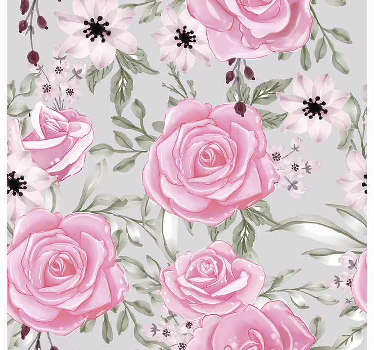 Rosa store blomster på grå blomstertapet - Tenstickers