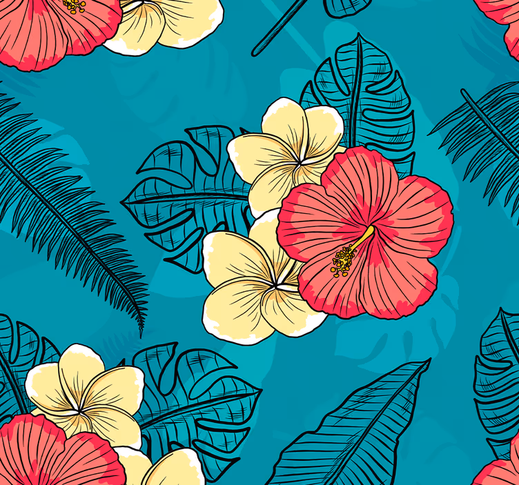 Tropisk hibiskusmønster tapet blomster - Tenstickers