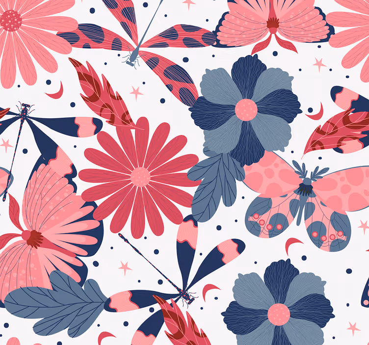 Rosa sommerfuglmønster tapet blomster - Tenstickers