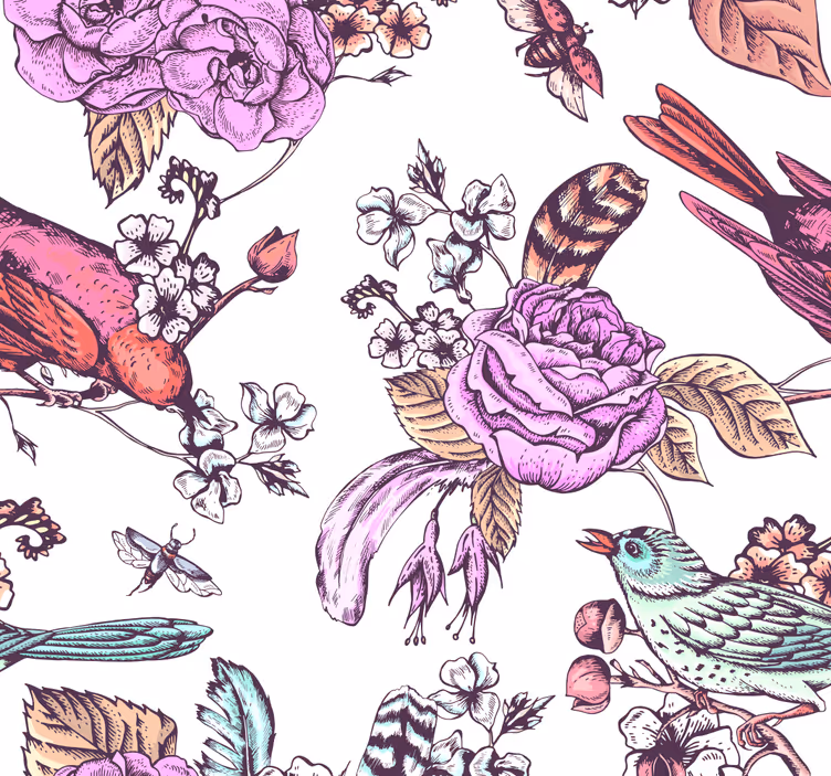 Floral fugl design tapet blomste - Tenstickers